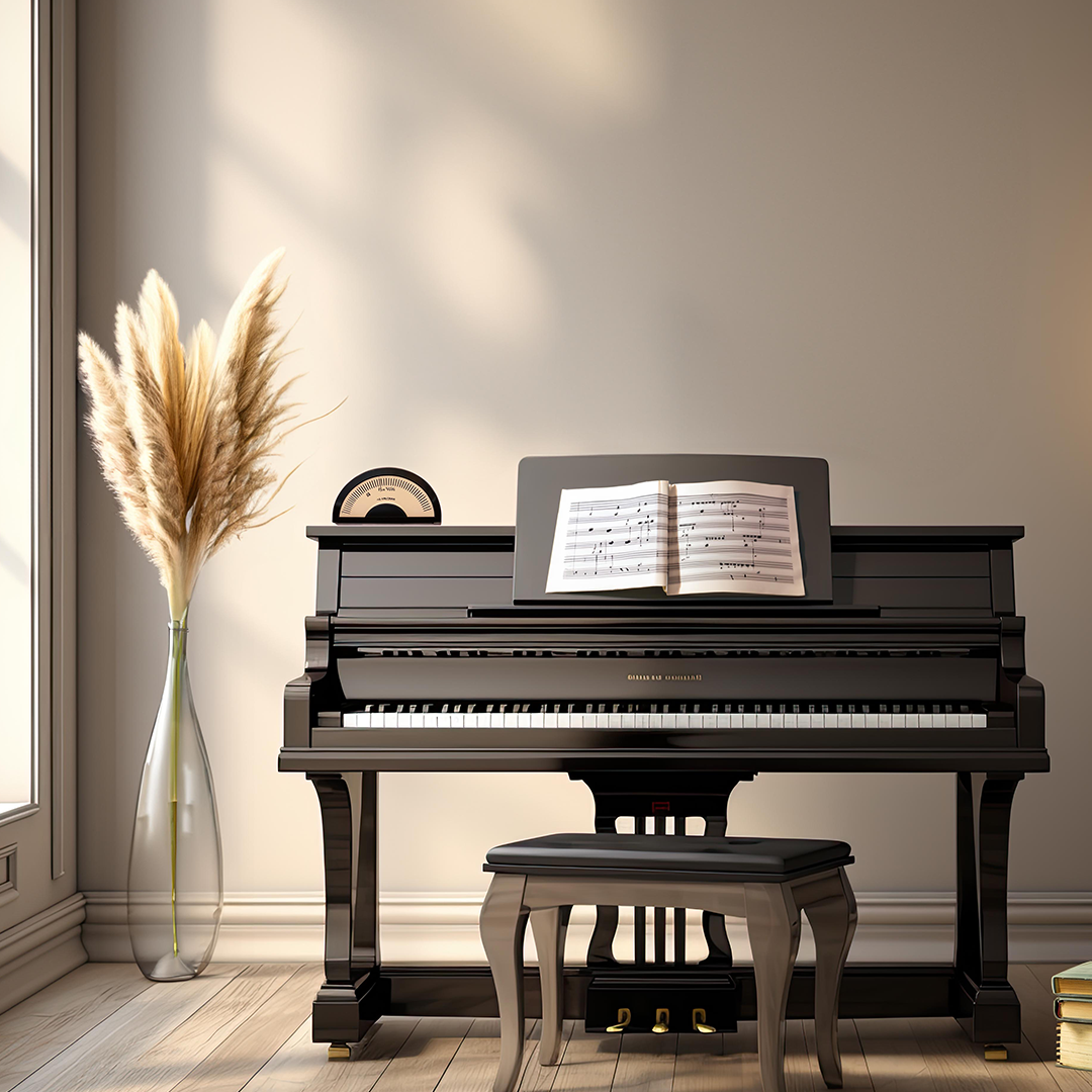 Piano in front of beige wall