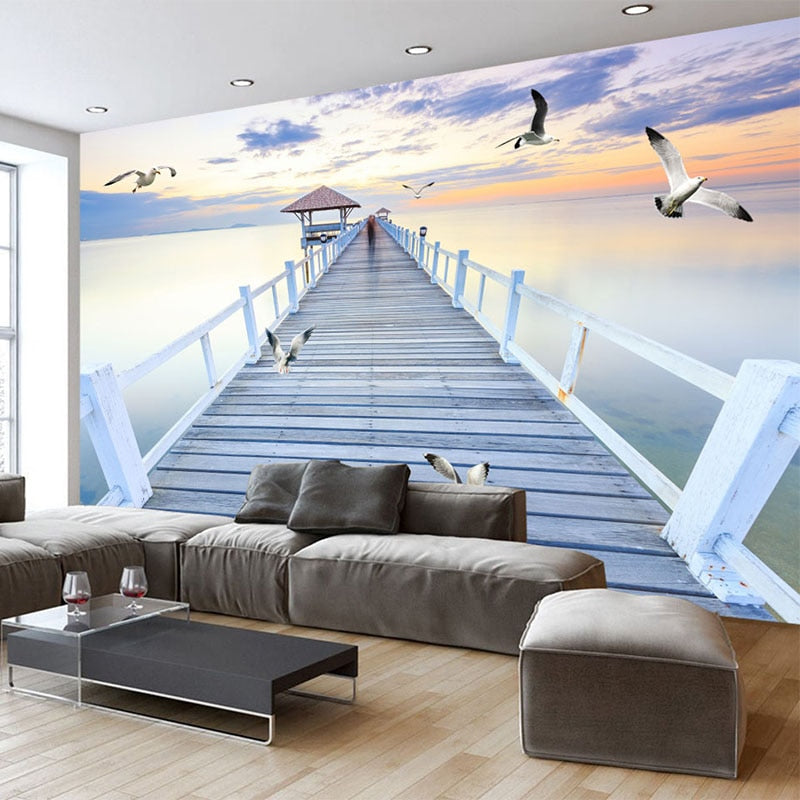 Custom Any Size Mural Wallpaper Modern Sunset Wood Bridge Sea View Wall Painting Living Room Tv Sofa Bedroom Space Wall Paper 3d