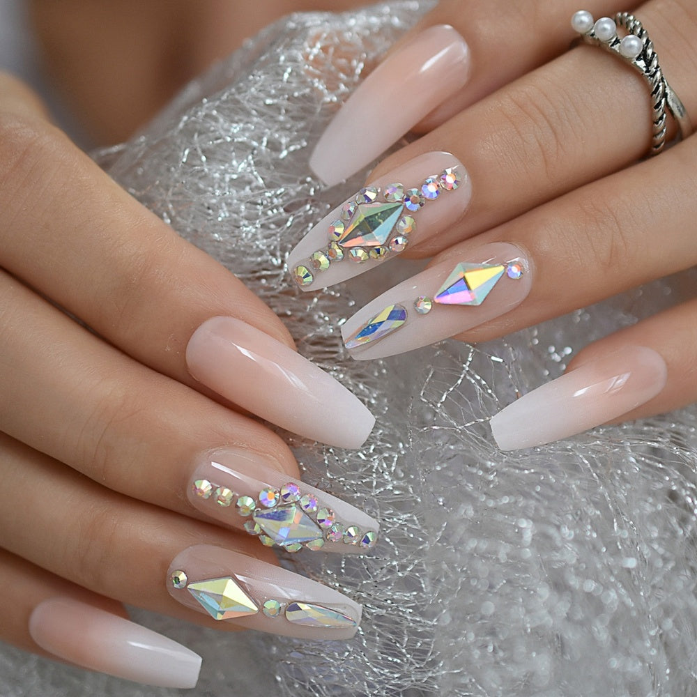 Press On Nails - Nude Ombre Diamond - Long Coffin False Tips Stick ...