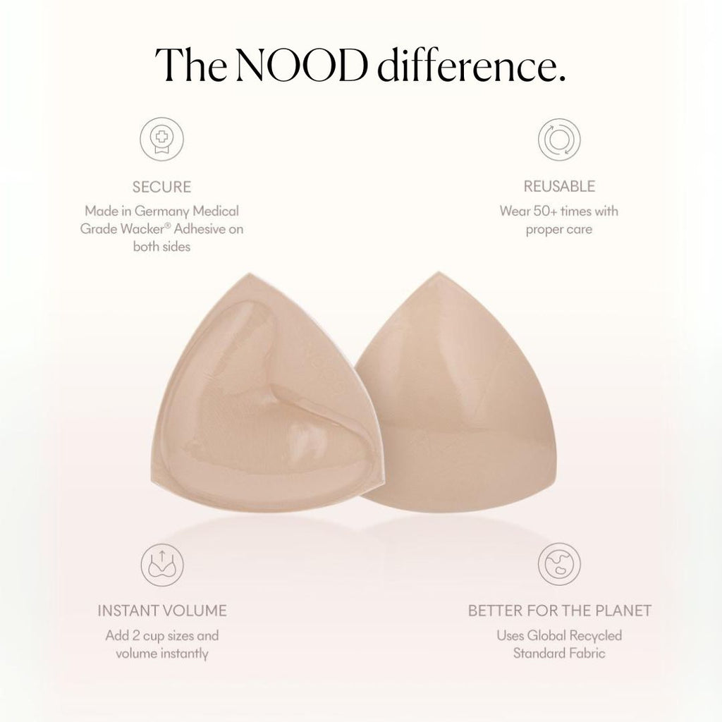 NOOD Double Up Triangle pads are extra padded, instantly boosting 2-cup sizes. Adhesive on both sides keeps them securely in place. No sewing is required, just wear them with any structured top!