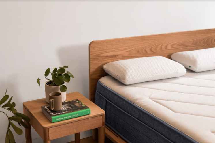 Eva Mattress and Pillows with a bed side table and plant 