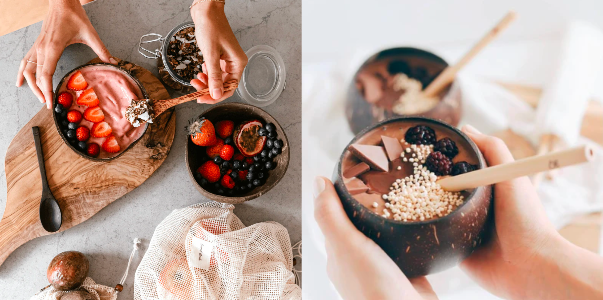 hands hold smoothie bowls in coconut bowls