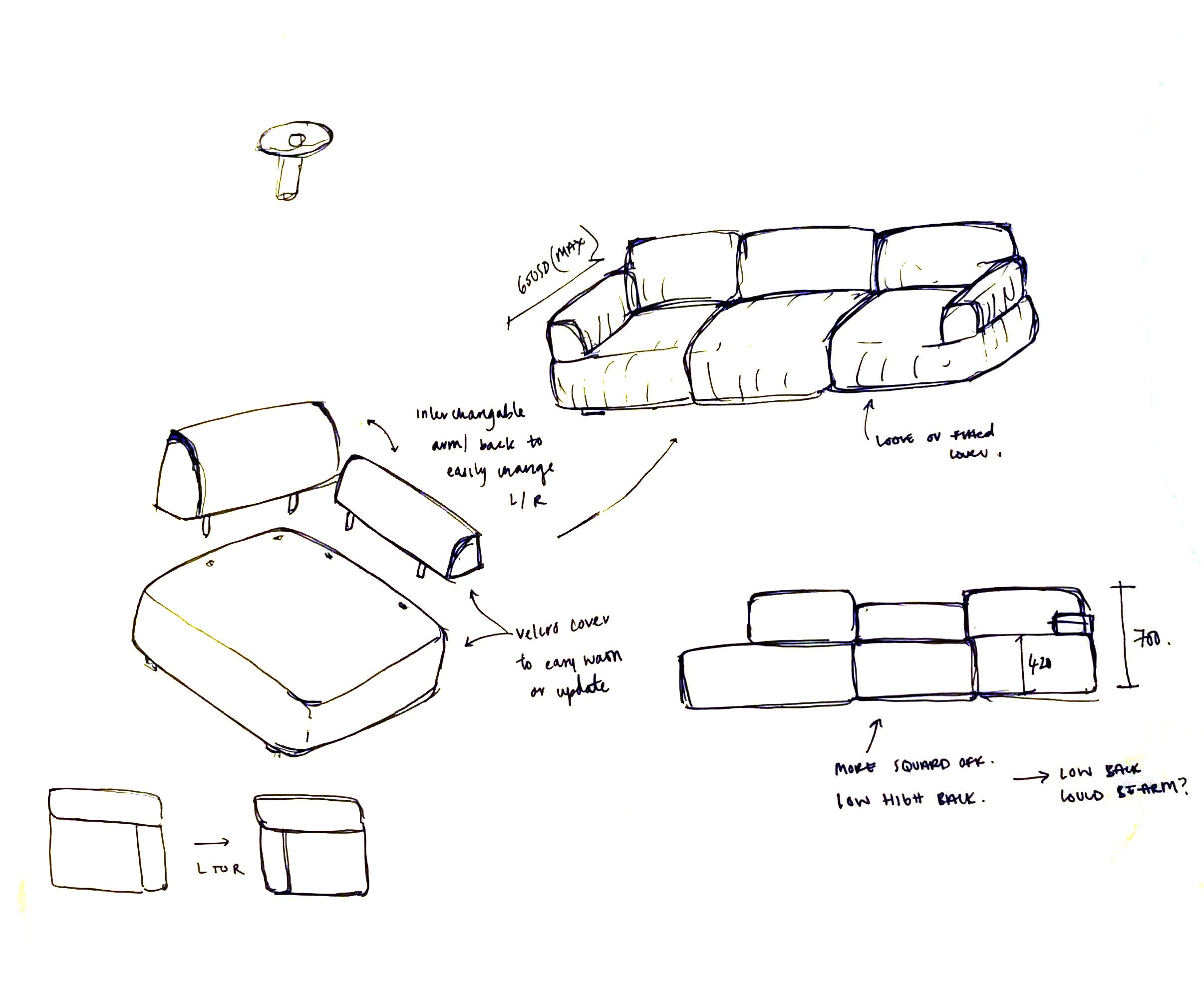 Hand drawn pencil sketch of the design for the Everyday Sofa