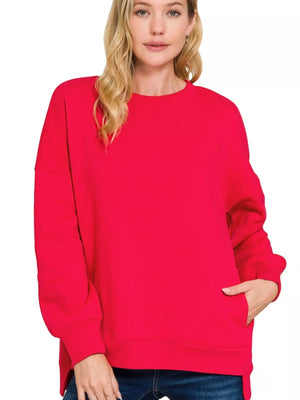 Zenana Full Size Fleece Hi-low Boyfriend Sweatshirts with Pockets Plus Size - Curved