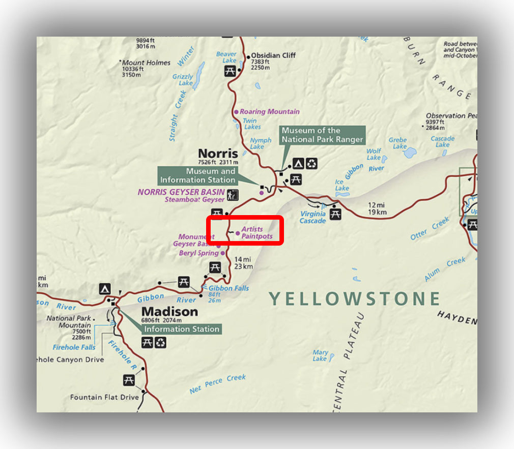 Artist Paint pots trail map in Yellowstone national park