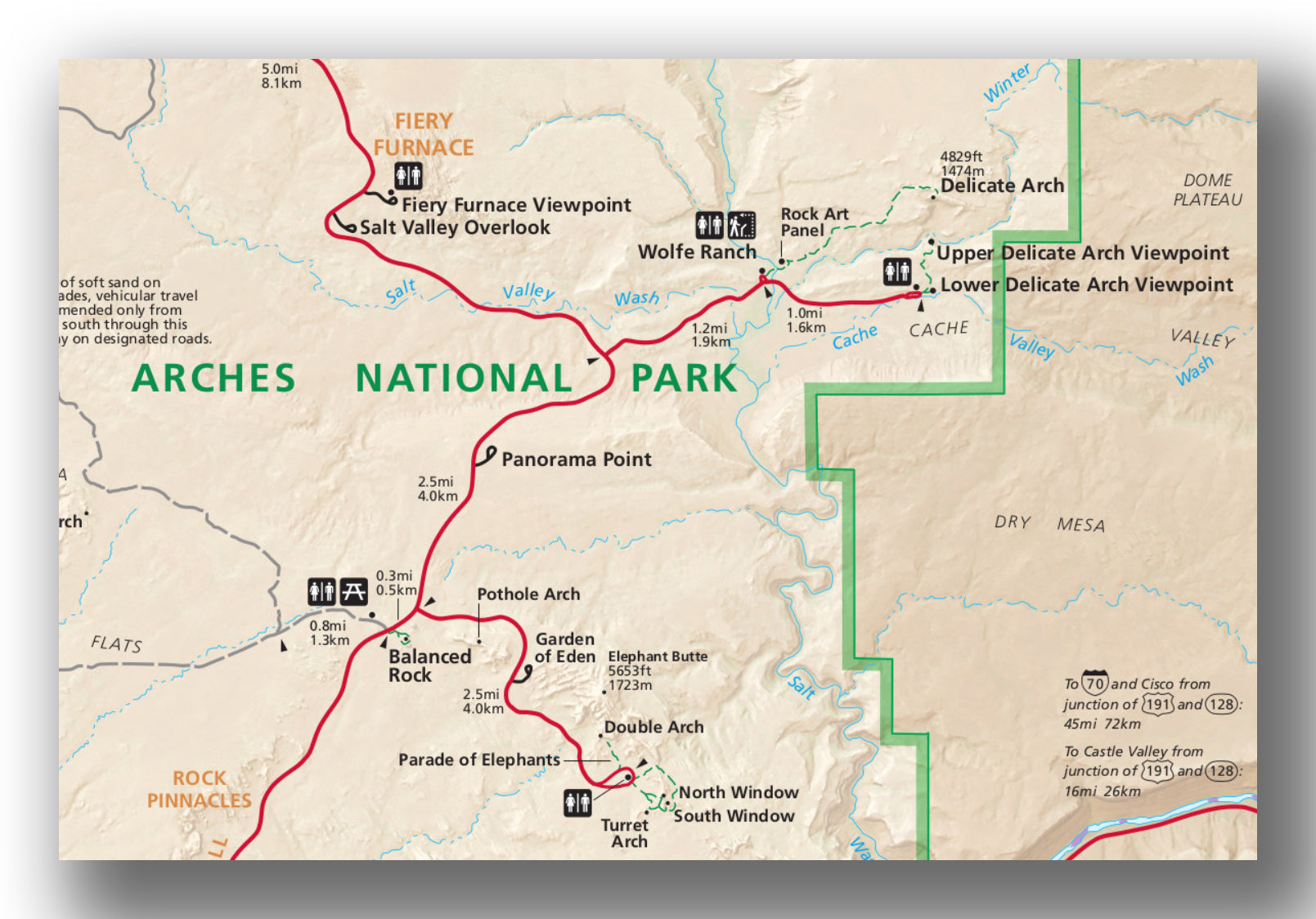 Delicate arch and windows map for arches national park