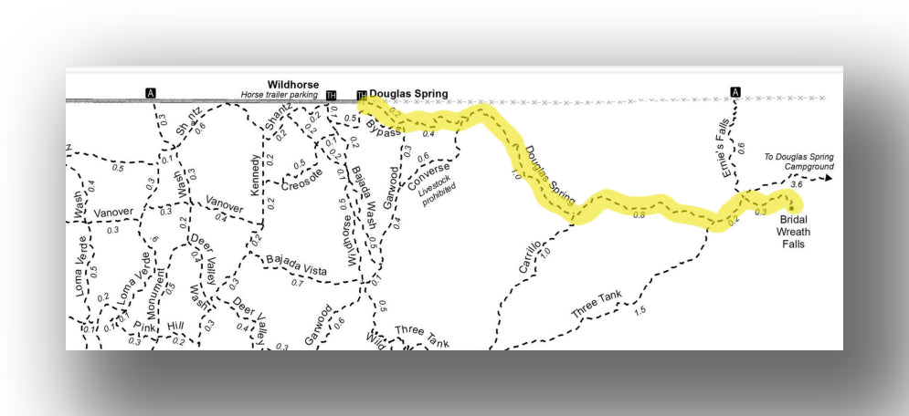 Douglas Spring Trail to Bridal Falls Trail map in Saguaro National park