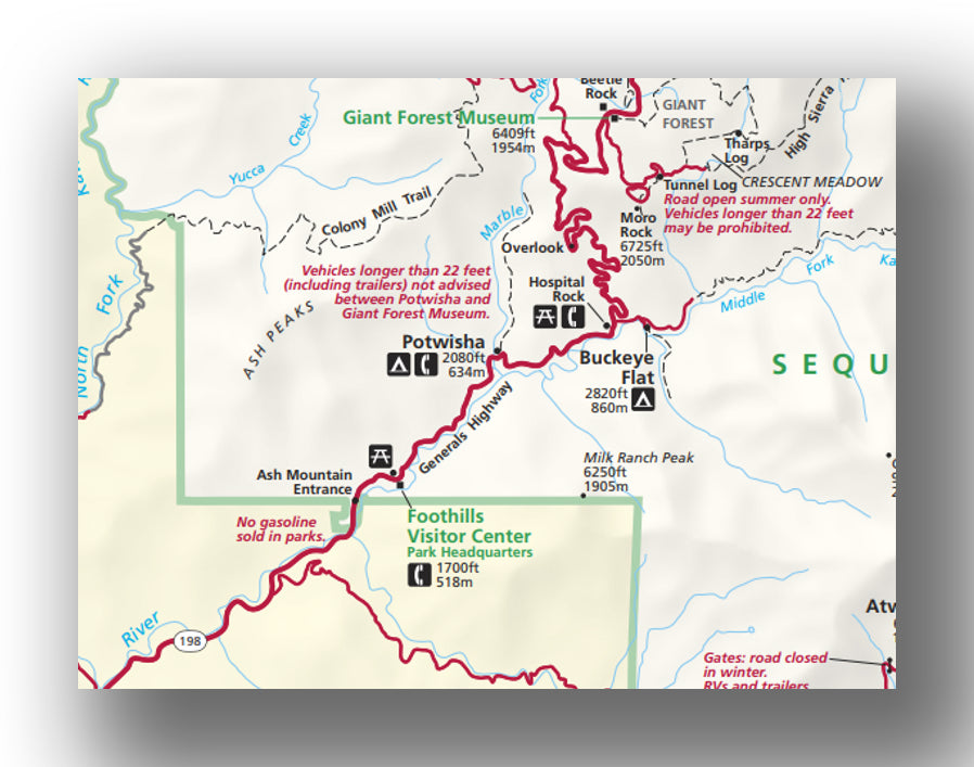 Foothills area map in Sequoia National Park