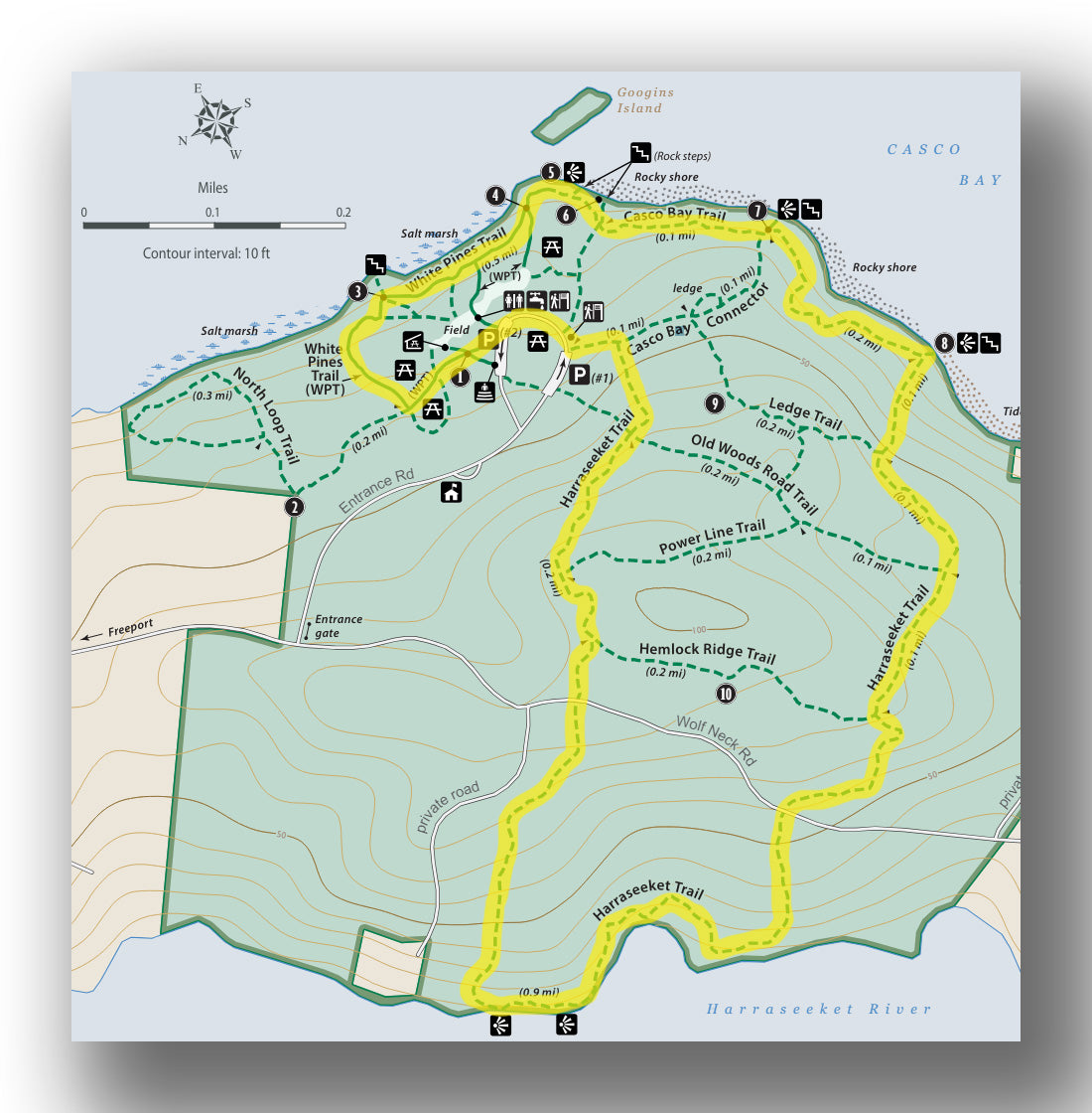 harraseeket trail to white pines loop trail map in wolfe's neck woods state park