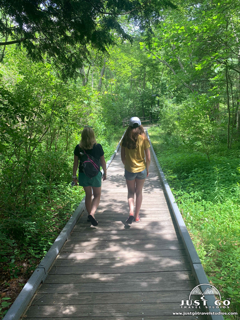 Walking on a boardwalk to the visitor center in Minute Man National Historical Park