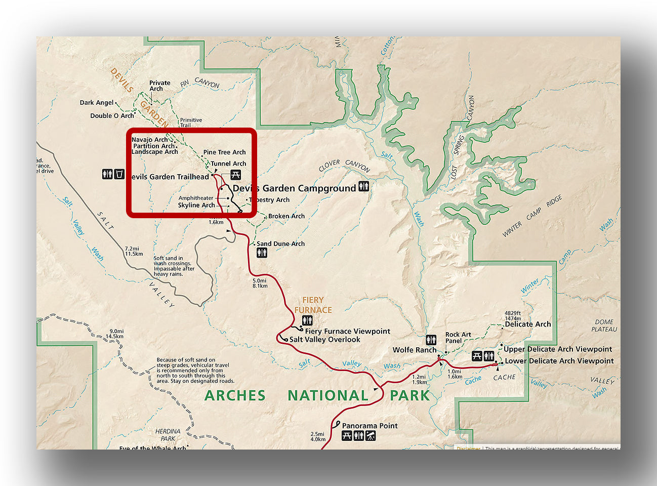 Landscape Arch in Arches National Park parking area map