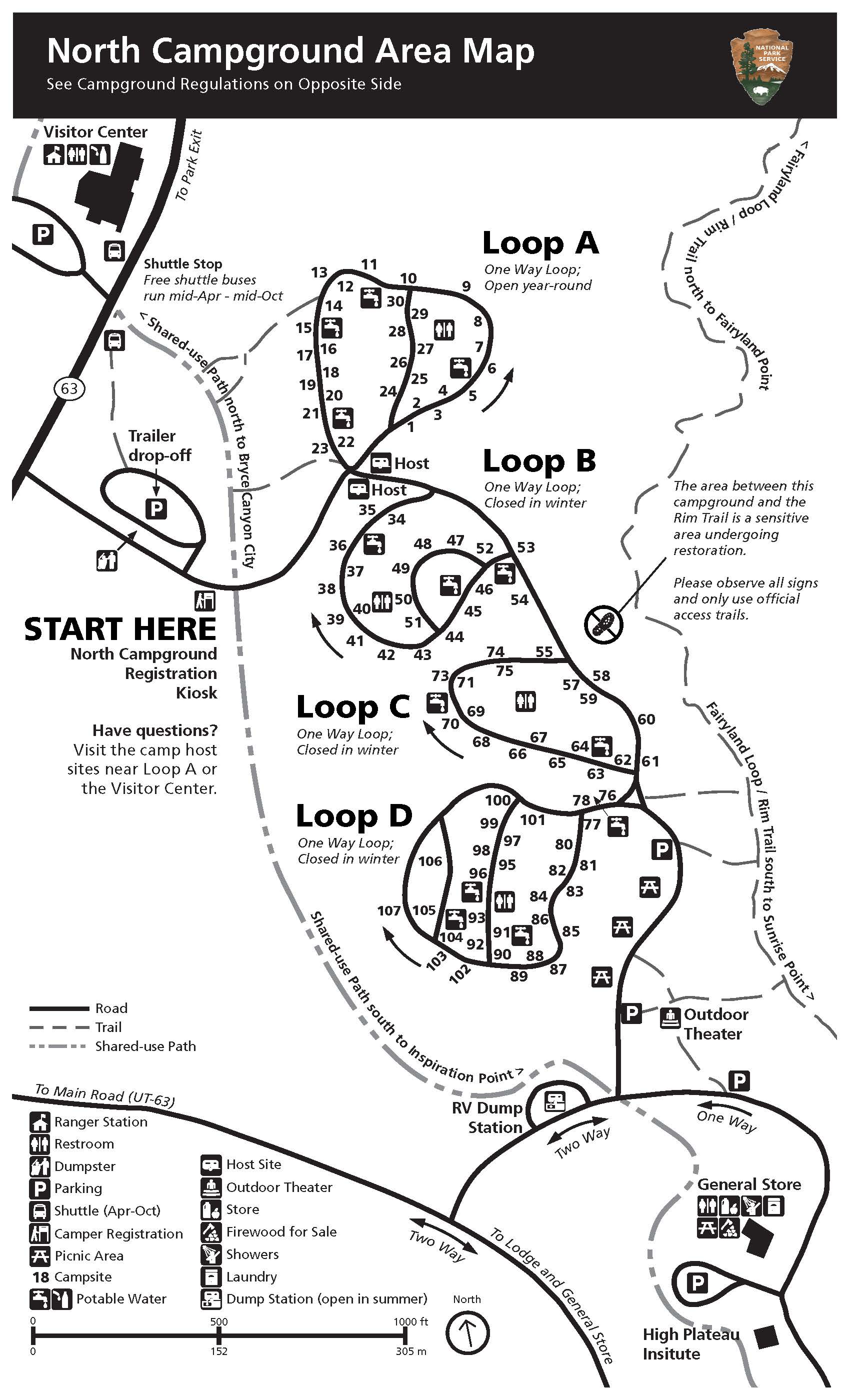 North Campground map in Bryce Canyon National Park