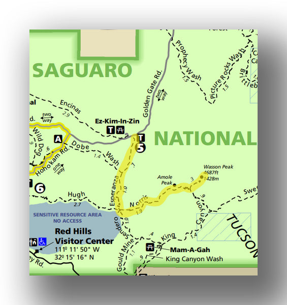 sendero Esperanza Trail to Wasson Peak Trail map in Saguaro National Park