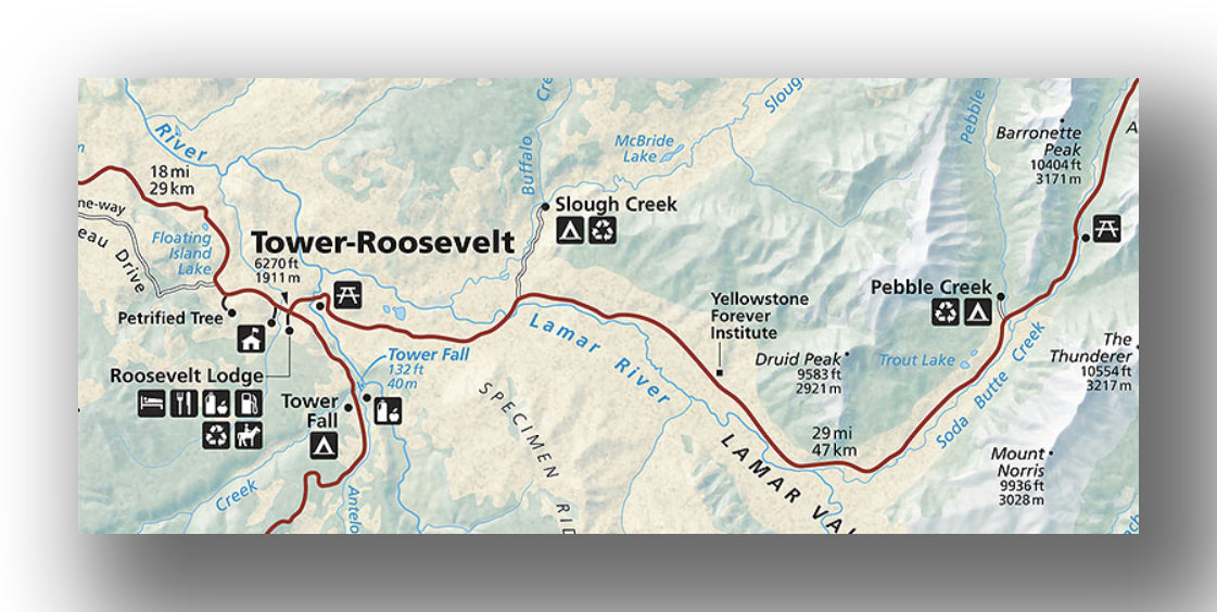 tower and roosevelt areas camping map in yellowstone