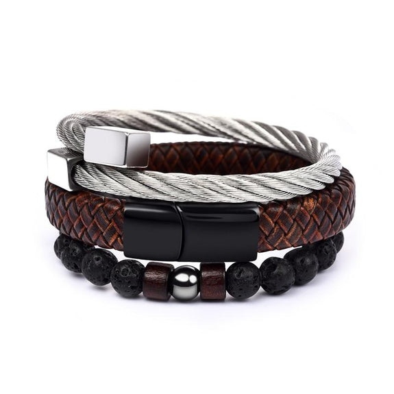 Leather, Steel & Lava Stone 3 pc Mens Bracelet Set – zenheavens