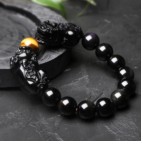 DOUBLE ATTRACTION Pixiu & Natural Obsidian with Tiger eye Bead Bracele ...