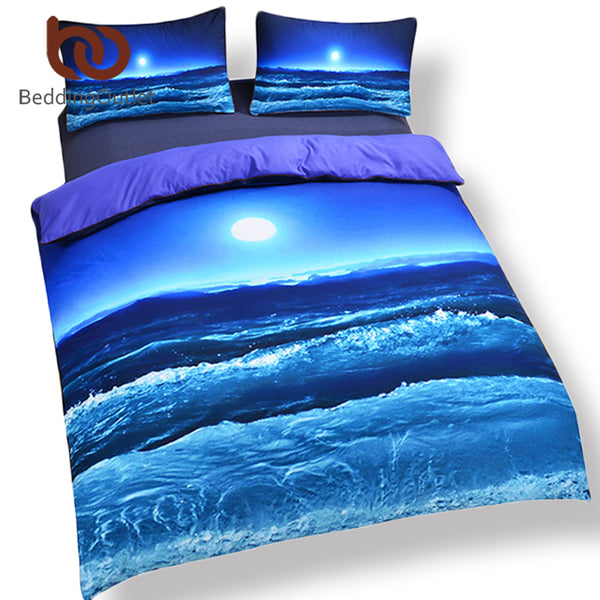 BeddingOutlet Moon And Ocean Duvet Cover Set Bed Spread Cool 3D Print Bedlinen Soft Blue Bedding Set 3pcs Twin Full Queen King