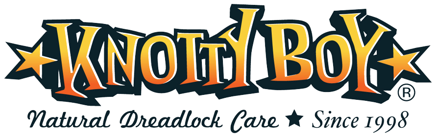 orange and black knotty boy words logo with tag line underneath reading natural dreadlock care since 1998