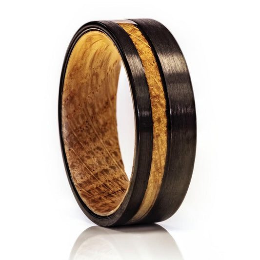 Rhythm & Whiskey Whiskey Barrel Wood x Guitar String Ring- Black Hammered Tungsten 8mm / 8