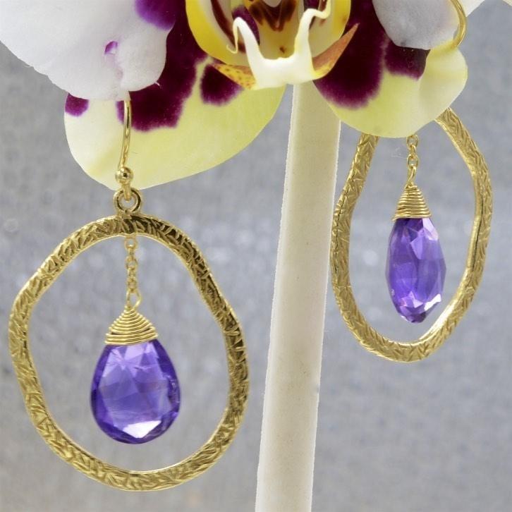 Genuine Amethyst Drop Earrings, Sterling Silver With 18K Gold Overlay ...
