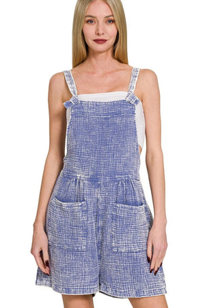 Zenana Woven Double Gauze Acid Washed Romper - GOODZONIA