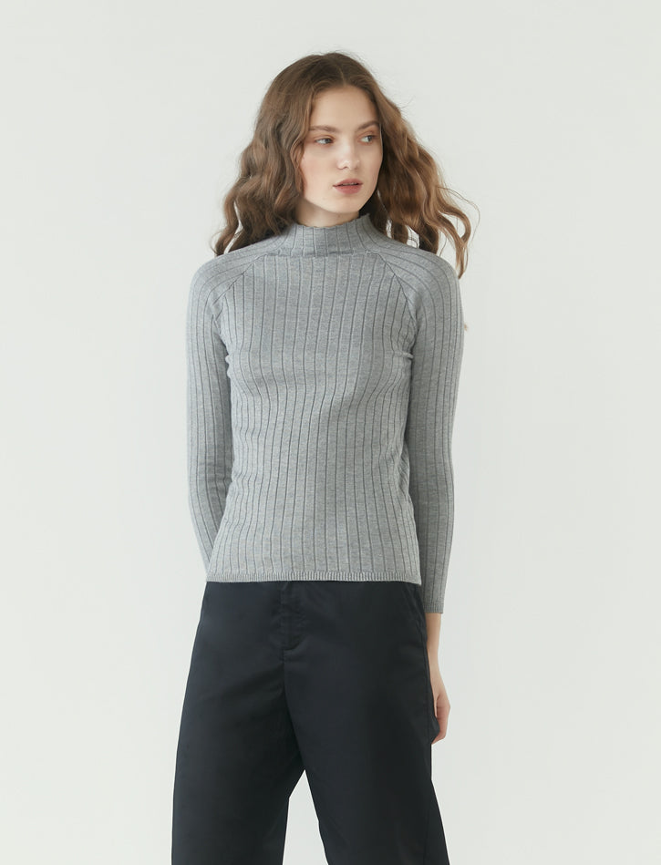 Modest Ribbed Knit Long-Sleeves Top in Grey by r y e | INNERMOD