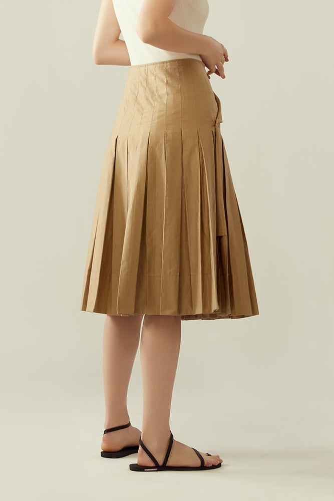 Modest Pleated Wrap Skirt with Flap in Khaki Beige by r y e | INNERMOD