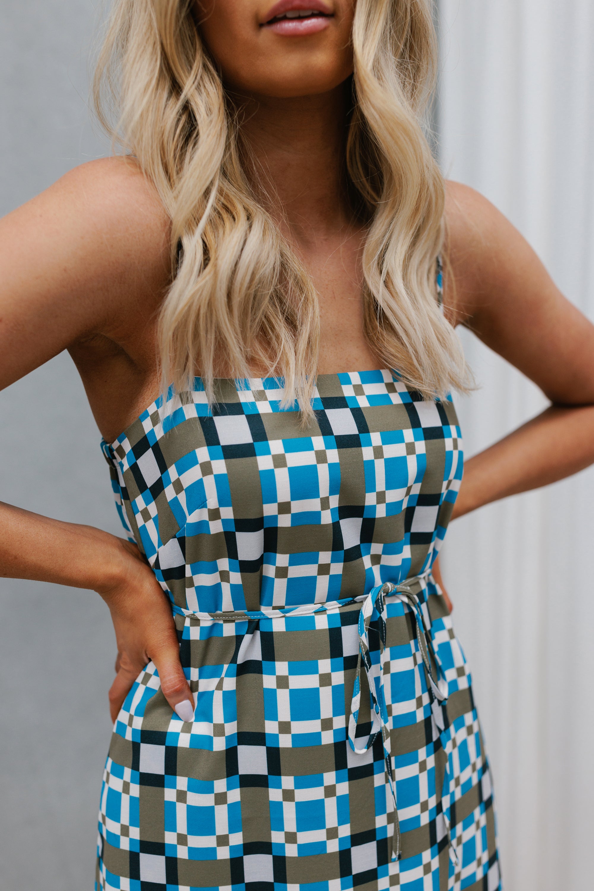 Quba Dress - Blue/Khaki Tile Print