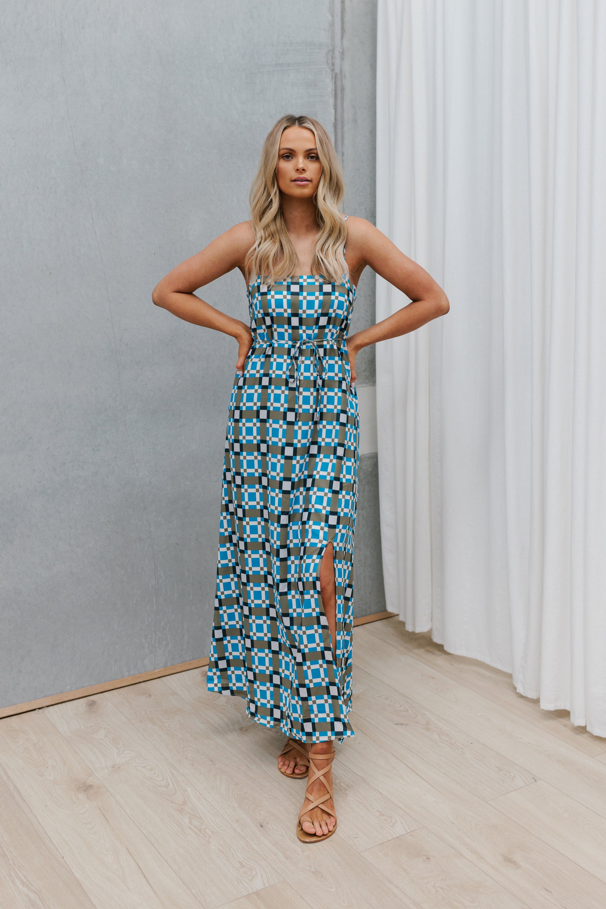 Quba Dress - Blue/Khaki Tile Print