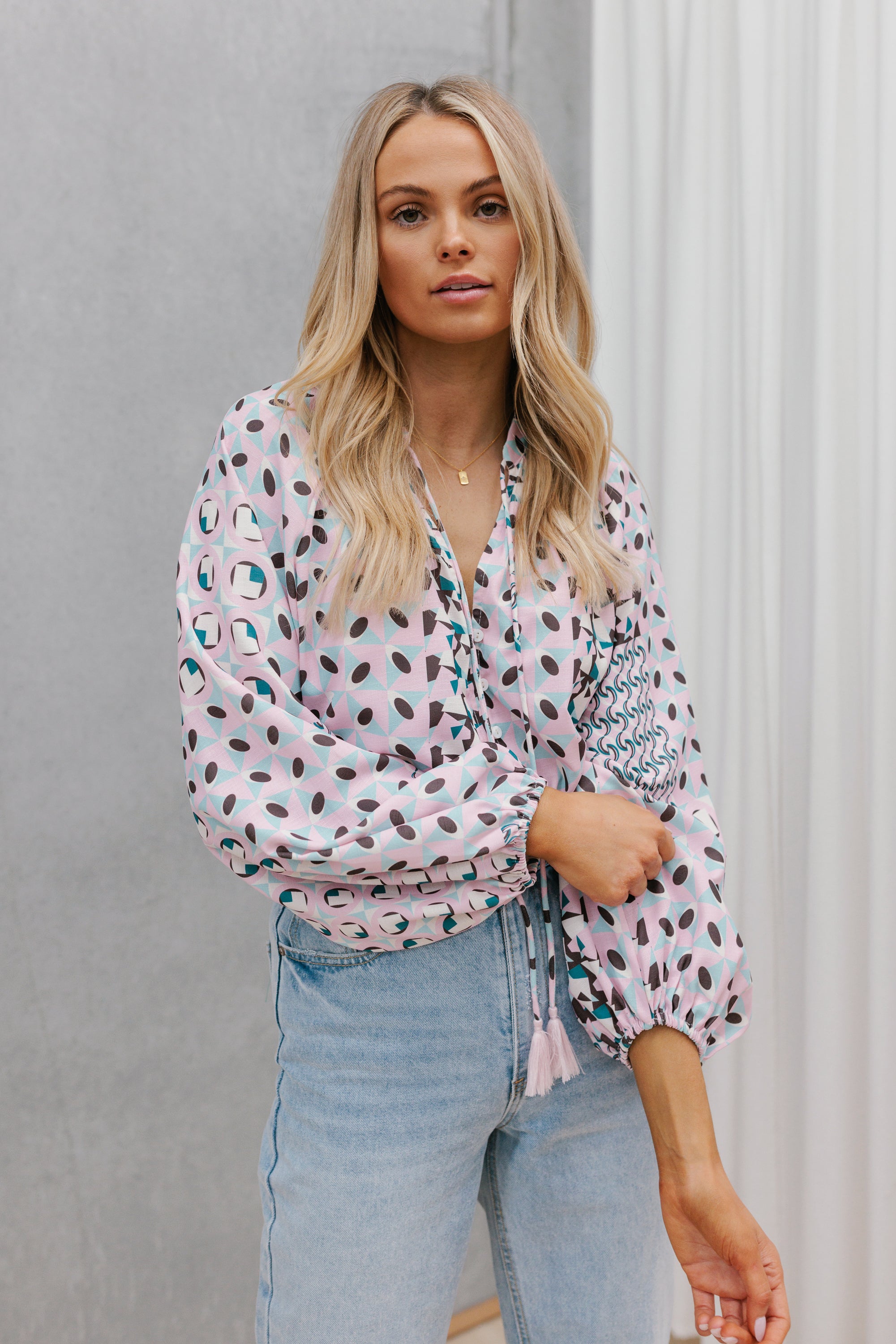 Talca Blouse - Pink/Teal Geo