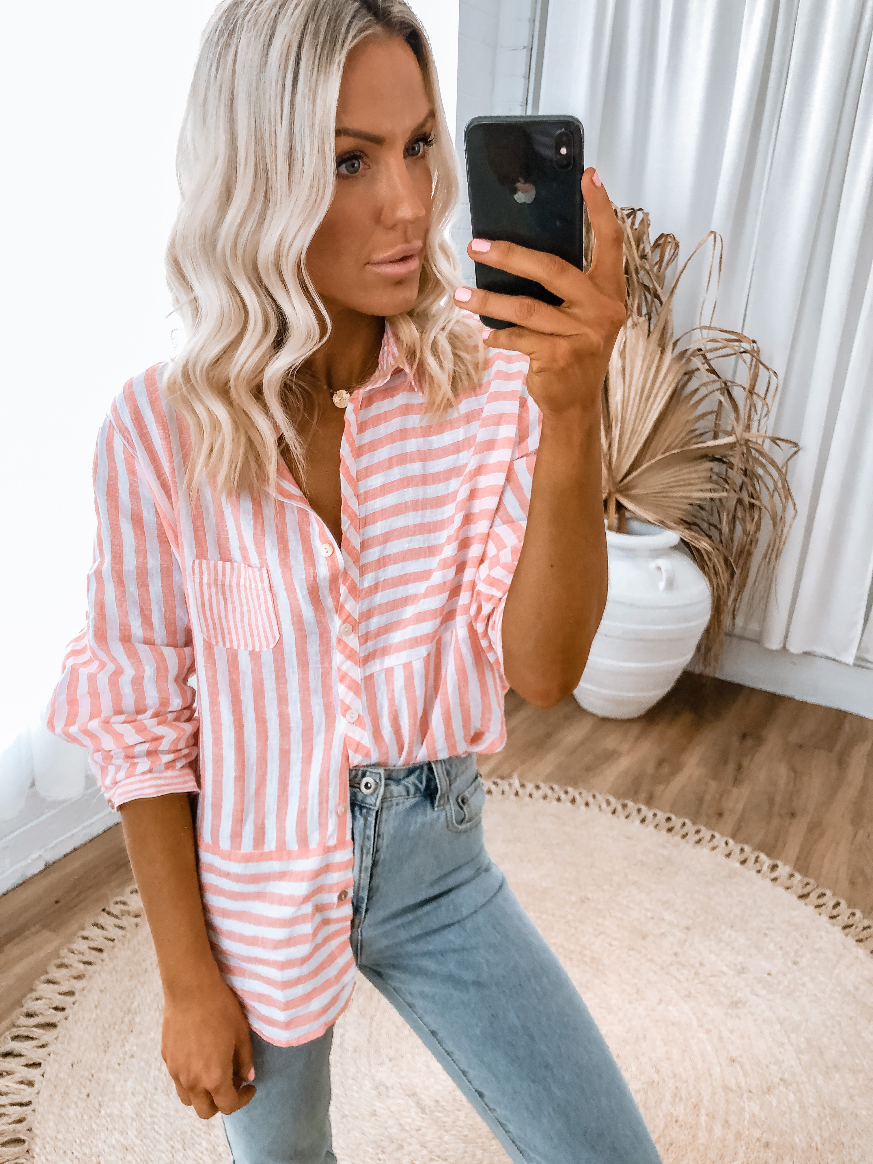 Amelia Shirt - Coral Stripe