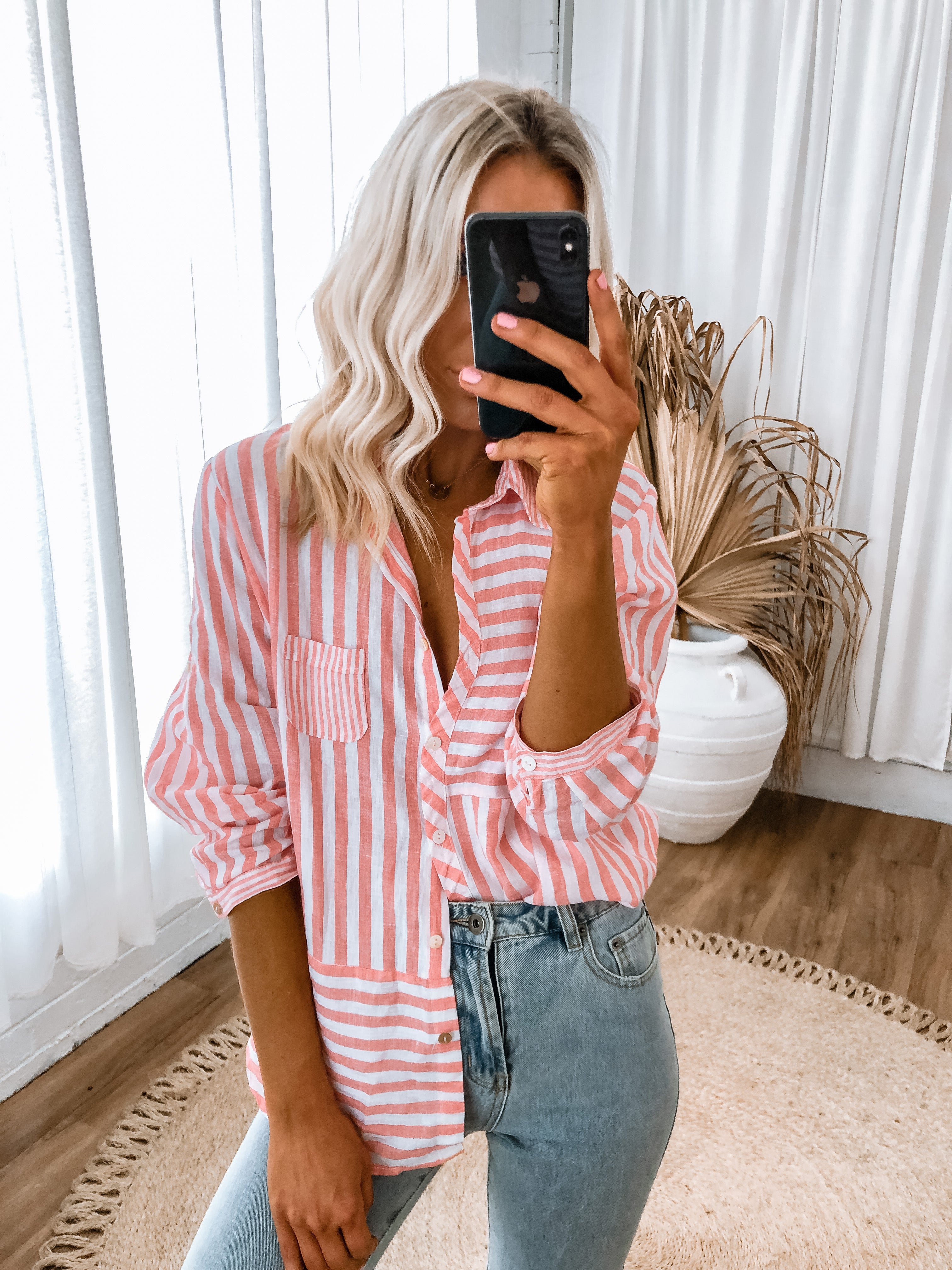 Amelia Shirt - Coral Stripe