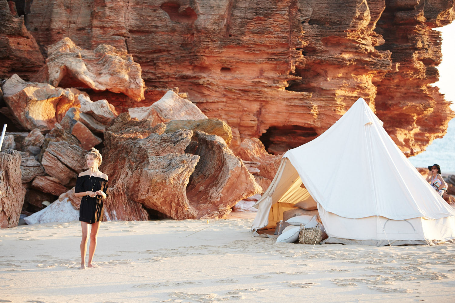 Alena on the set of our Broome shoot, glamping at Eco Beach