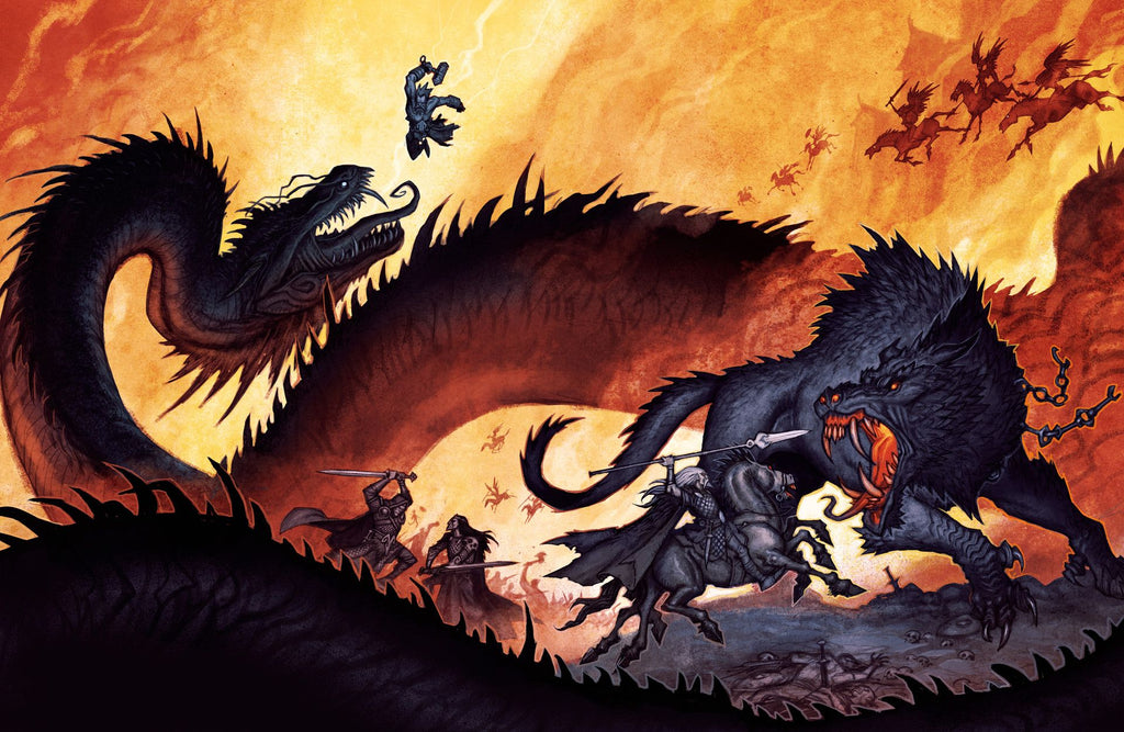  An illustration of the Norse mythological event Ragnarok, depicting a wolf Fenrir, a giant serpent Jormungandr, and other creatures battling against the gods.