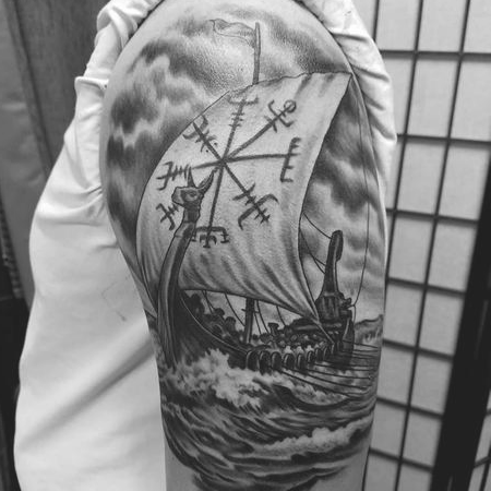 8 Black And Grey Ink Viking Ship Tattoos