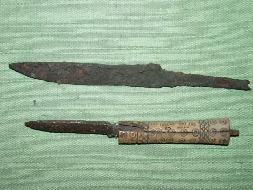 Viking rusted knife on display in Yorkshire. The English word "knife" originated in the Viking age