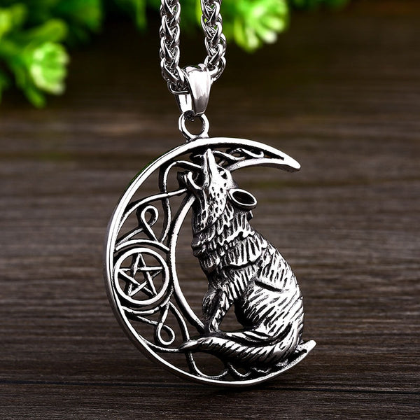 Stainless Steel Viking Howling Wolf Pentagram Moon Pendant Necklace ...