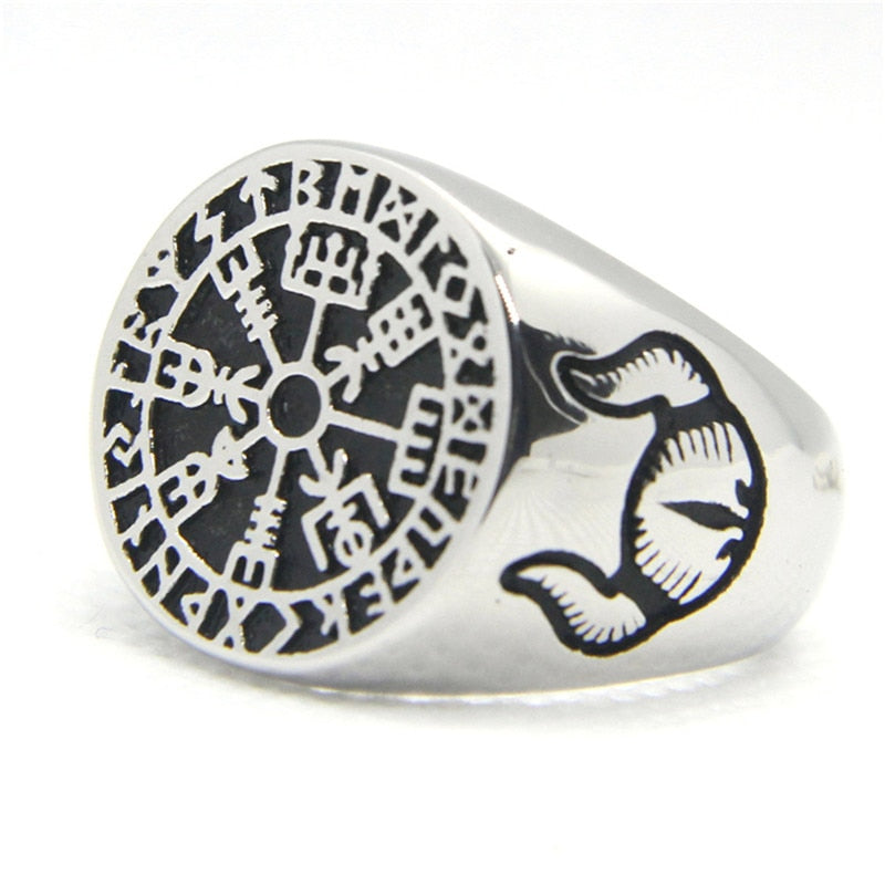 Stainless Steel Viking Vegvisir Rune Circle Signet Ring – BaviPower