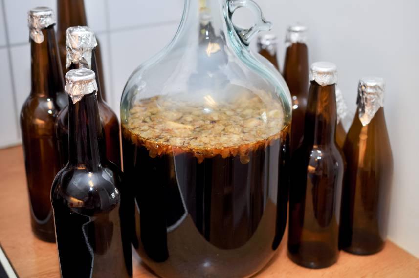 Homemade beer in glass bottles 