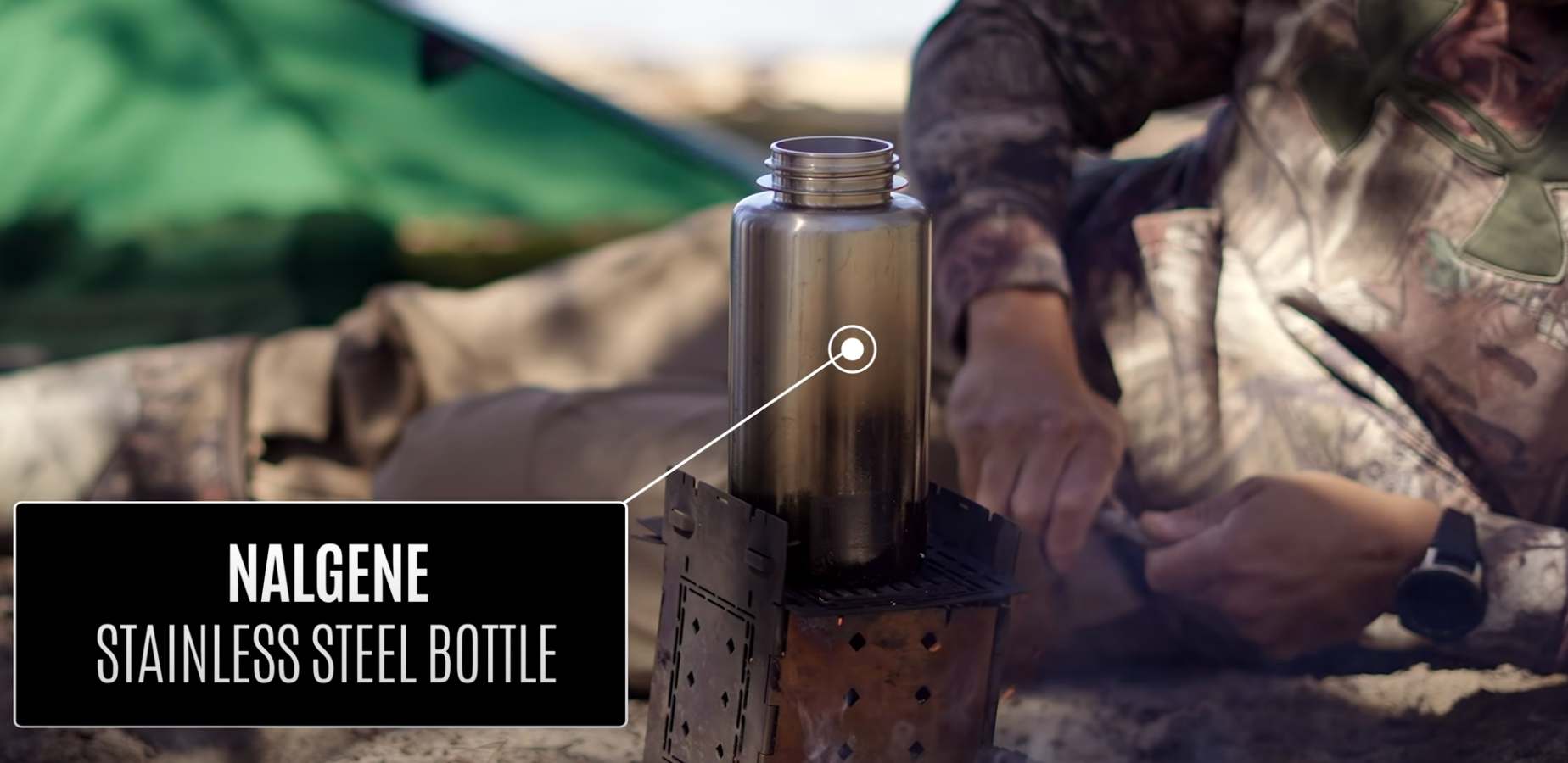 nalgene stainless steel water bottle boiling water on a firebox camp stove