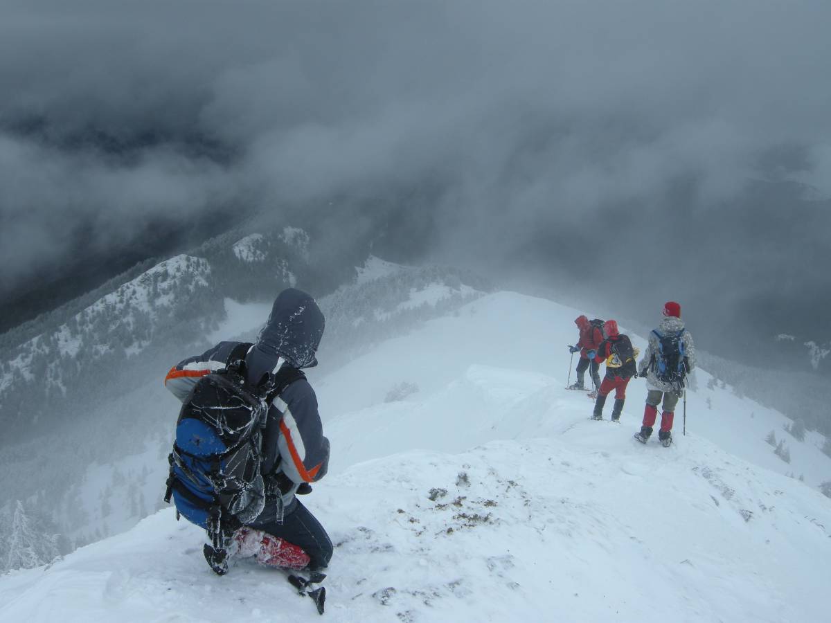 survivors scaling a snowy hillside 