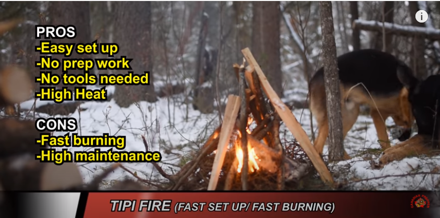 A large style Tipi Fire made by the Canadian Prepper in the winter surrounded by snow.