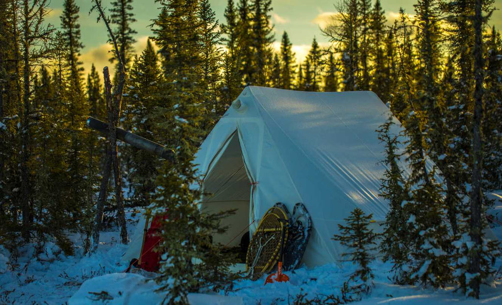 White Canvas Hot Tent with snow shoes rested up against it in a forest of tree's in the winter