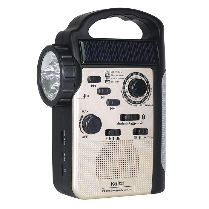 Kaito KA340 5-Way powered rechargeable LED Camping lantern with Bluetooth and SD card capability. The lantern is Black with a baige coloured face plate and soft light side panel. The LED faces out to the side.