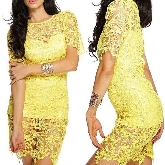 Casual Yellow Plain Hollow-out Round Neck Lace Mini Dress