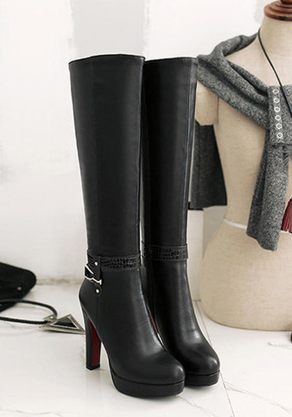 Cheap Black Round Toe Chunky Buckle Fashion Knee-High Boots Online ...