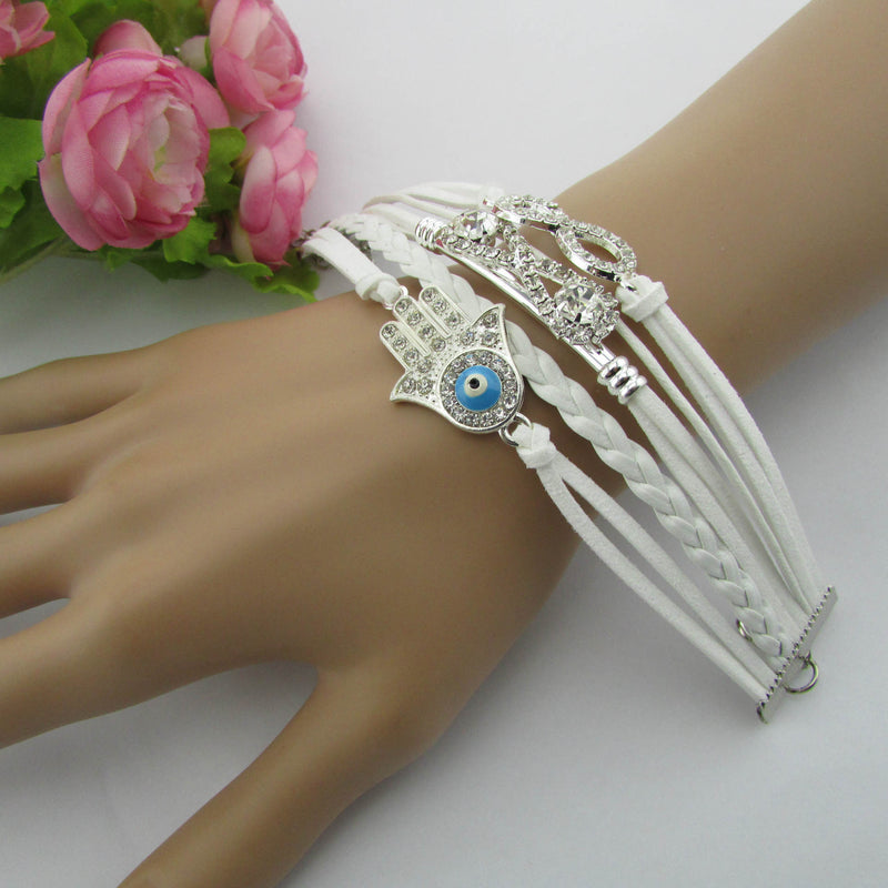 White Crystal Hand Leather Cord Bracelet