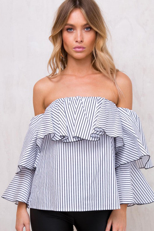Stripe Off Shoulder Long Trumpet Sleeves Blouse – May Your Fashion