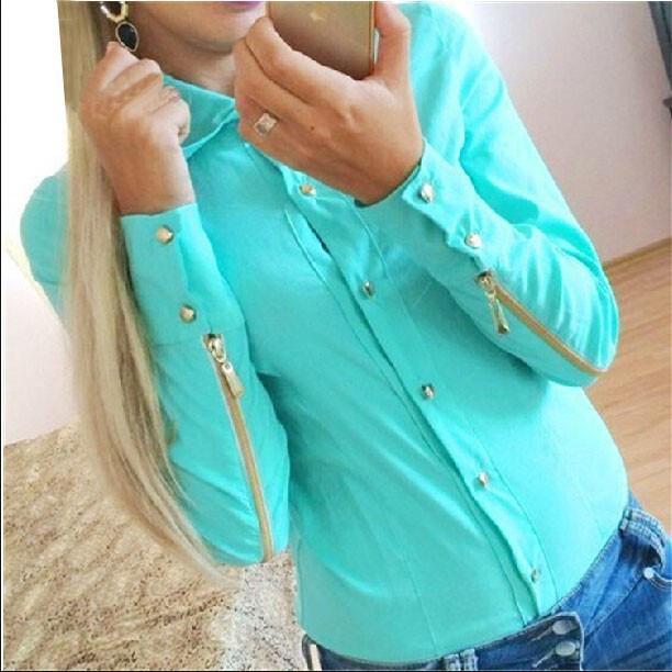 Rivet Double Zipper Turn-down Collar Slim Blouse – May Your Fashion