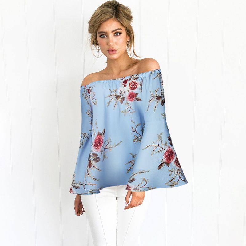 Off Shoulder Flower Print Long Trumpet Sleeves Blouse – May Your Fashion